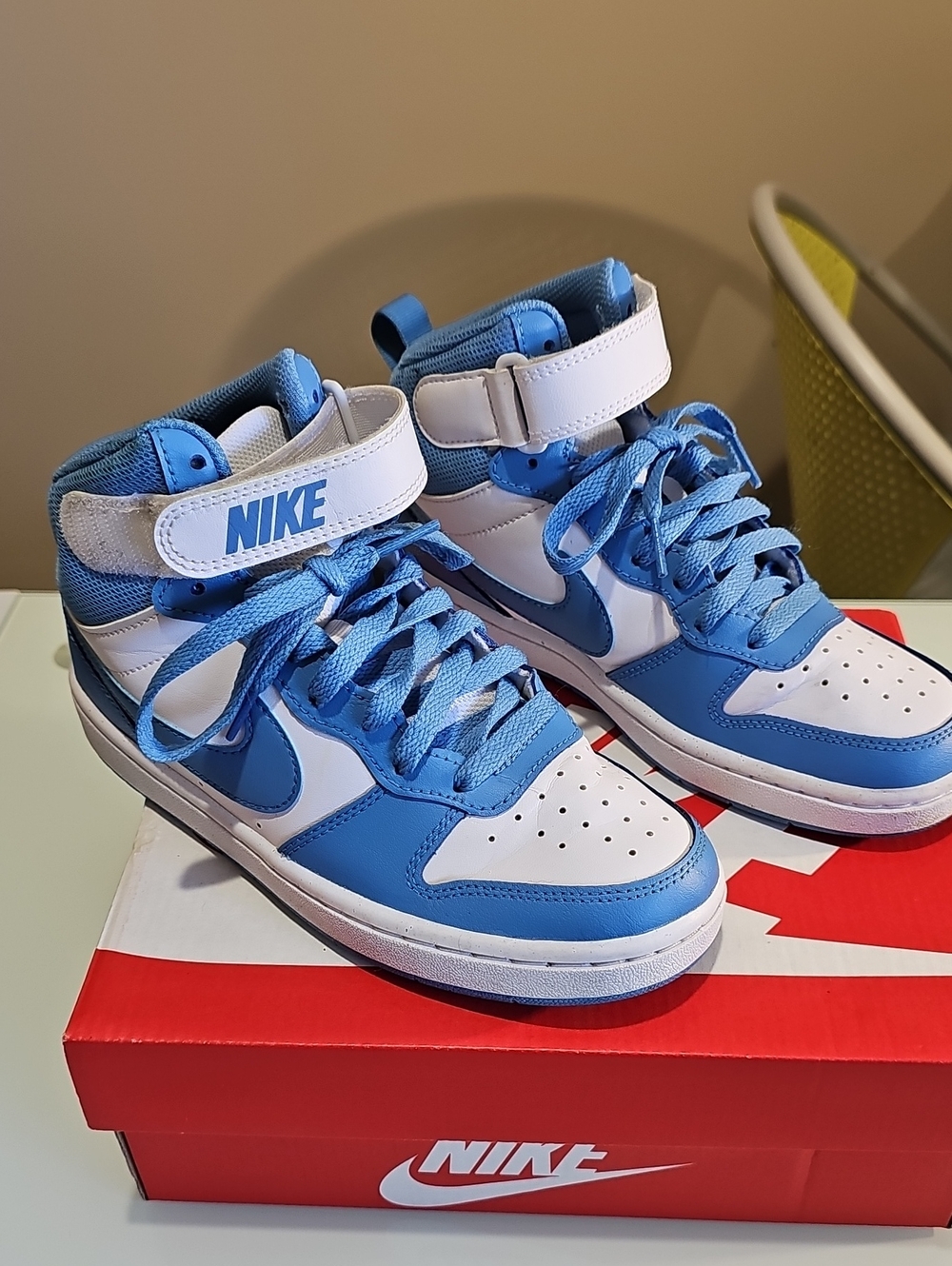 EUC Nike Kids Court Borough Mid 2 High-Top Sneakers Blue and White with Strap 4Y